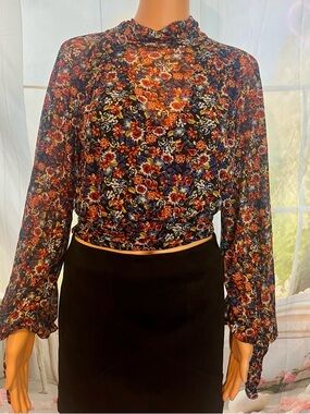 Free People Navy Multi Floral Sheer Long Sleeve Top